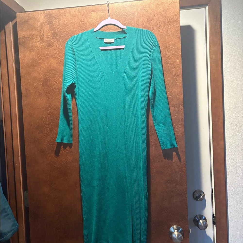 Calvin Klein Teal Ribbed V-Neck Midi Dress